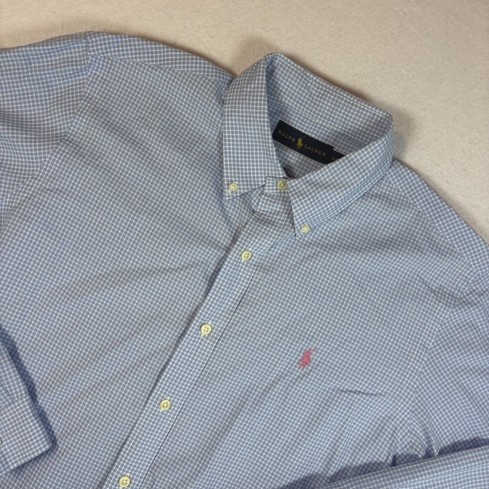 Ralph Lauren Shirt Mens Large Blue Check Long Sleeve Button Up Pink Pony Preppy